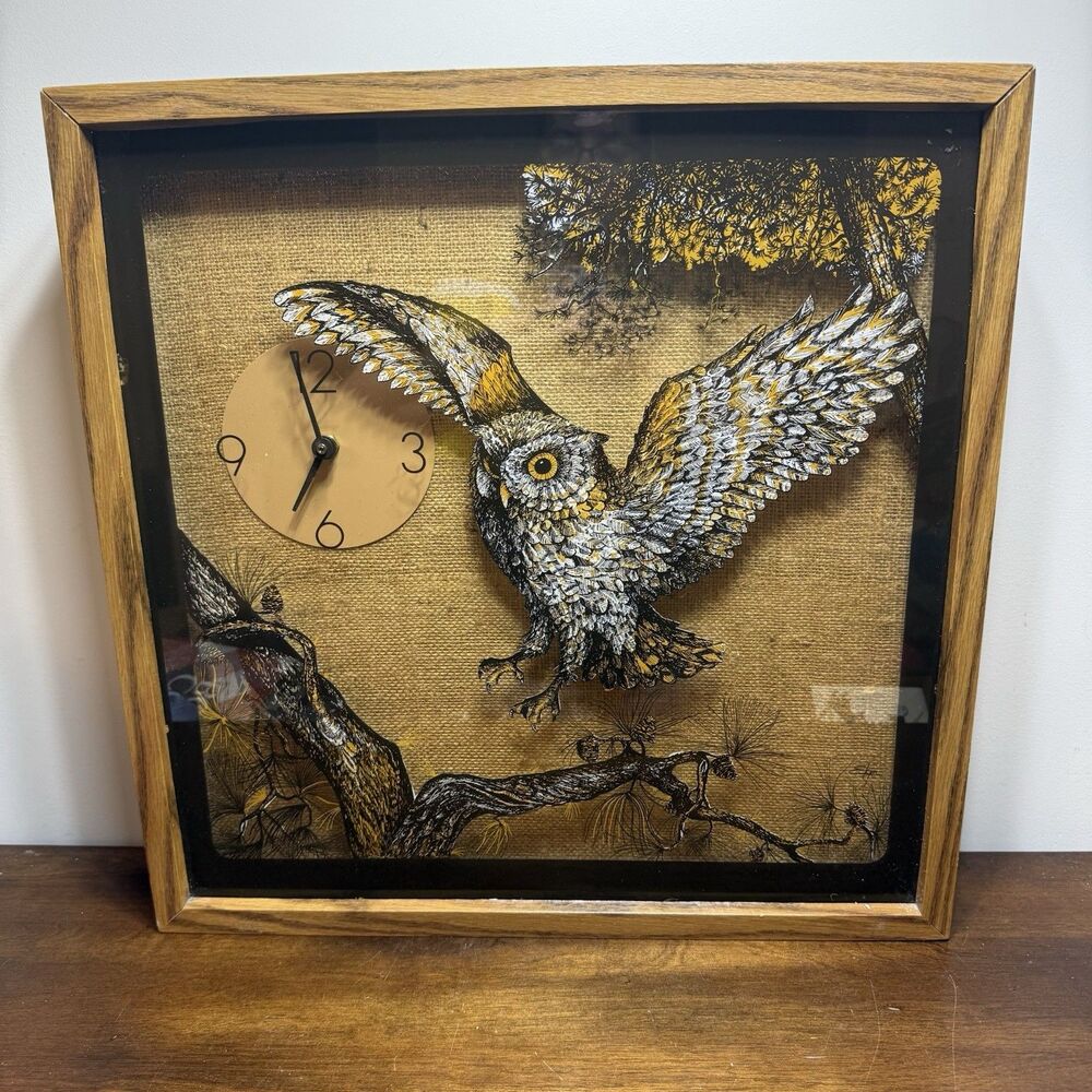 VTG Elgin Wall Clock owl landing on tine branch 70s mcm Retro Glass Clock Owls - Picture 2 of 13